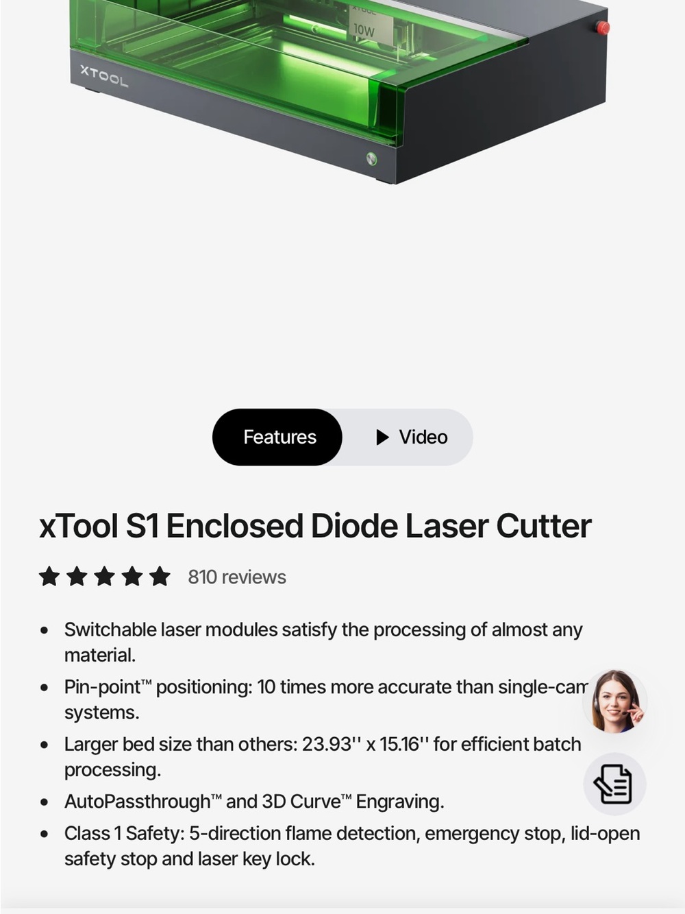 xTool S1 Enclosed Diode Laser Cutter - Black with Green Lid